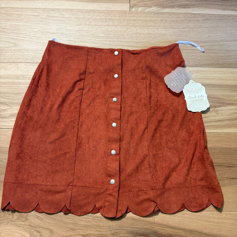 Altar'd State Skirt Womens L Rust Faux Suede Scallop Button Front NWT Preppy